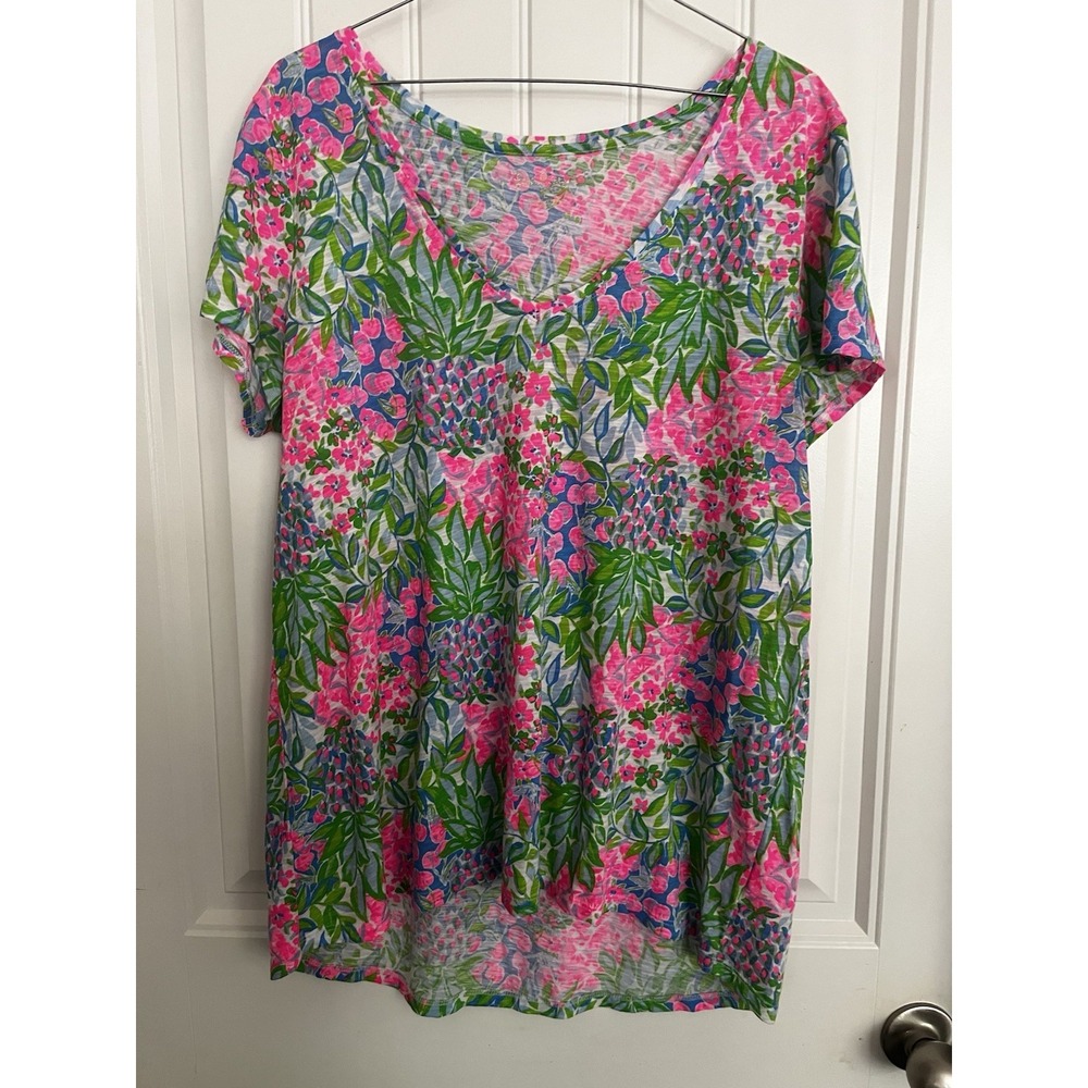 Lilly Pulitzer Etta V-Neck T-Shirt Women Large Multi Bright Hot Pink Print 729